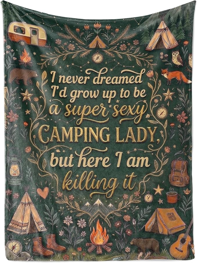 Camping Gifts for Women Men Lovers Throw Blanket, Happy Campers Decor Outdoor, RV Campsite Travel Hiking - Lady, 50" x 65"