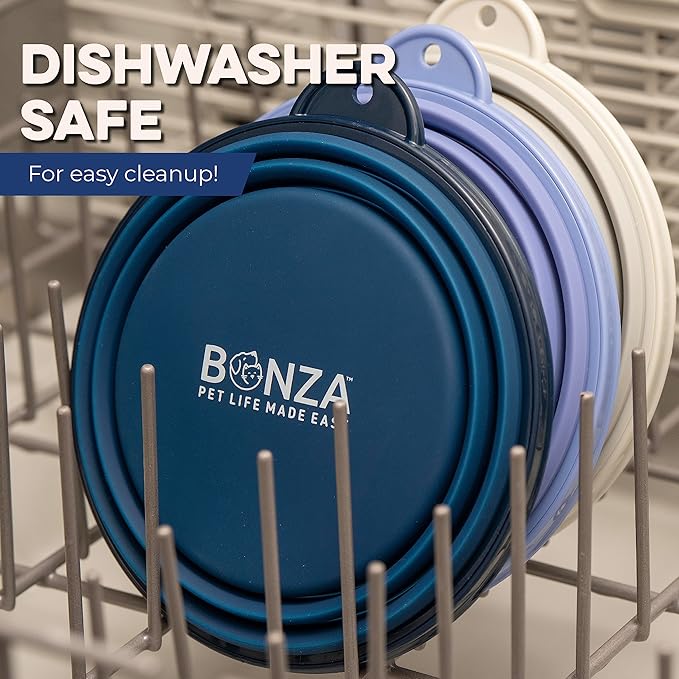 Bonza Collapsible Dog Bowls - Large 33 oz, Dog Travel Accessories, Silicone Portable Dogs Bowl & Water Dish with Reinforced Rim & Carabiner for Hiking, Camping, and Car Trips, Moss Periwinkle