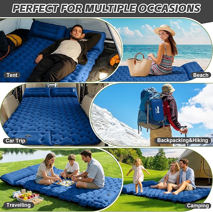 HiiPeak Double Sleeping Pad for Camping - Suede Top Camping Mattress with Pillow, Built-in Foot Pump, Compact Inflatable 2-Person Portable Mat for Backpacking, Hiking, Car Traveling, Beach, Tent