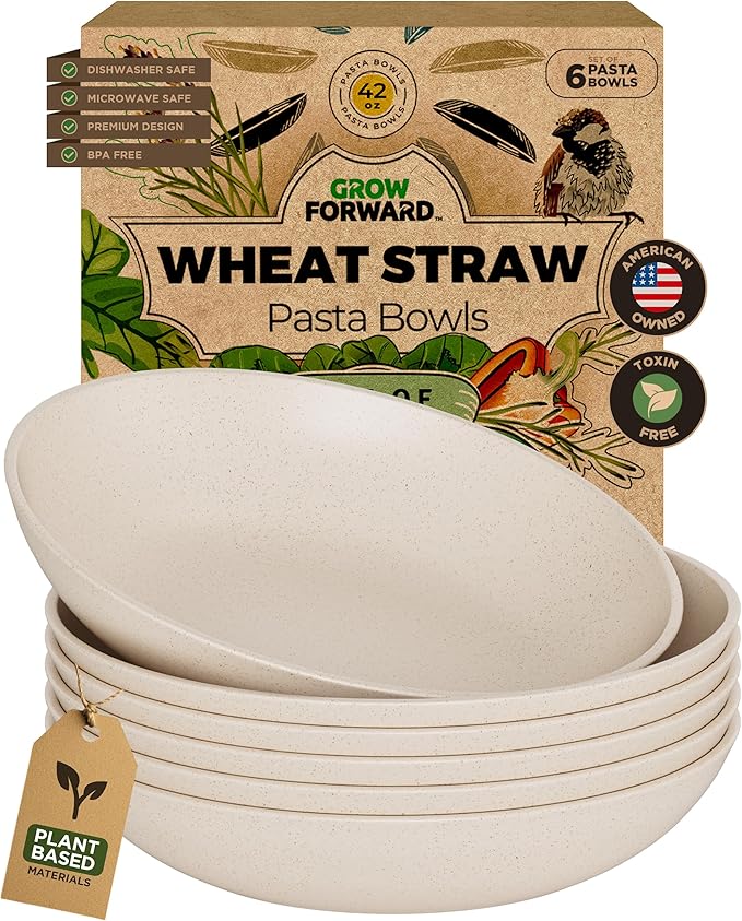 Grow Forward Premium Wheat Straw Pasta Bowls - 42oz Unbreakable Wide & Shallow Dinner Plate Bowls Set of 6 - Microwave Safe Reusable Plastic Pasta Bowls for Kids, Adults, Salad, Camping, RV - Sahara