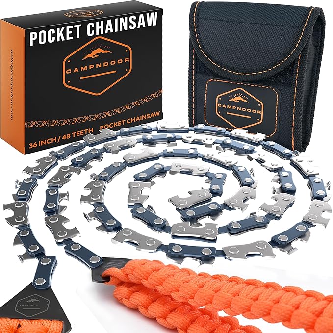 Pocket Chainsaw with Paracord Handles - Orange 65Mn Heavy Duty Steel Pocket Saw - 48 Teeth Survival Saw with Sturdy Handles and Bag - Handy Camping Gear - CAMPNDOOR Bushcraft Survival Gear