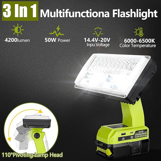 Choerinton 4200LM LED Work Light Compatible with Ryobi 18V Battery, 40W Cordless Jobsite Light Outdoor Floodlight with USB Charging Ports, Flashlight for Car Repair, Camping, Hiking, Garage, Emergency