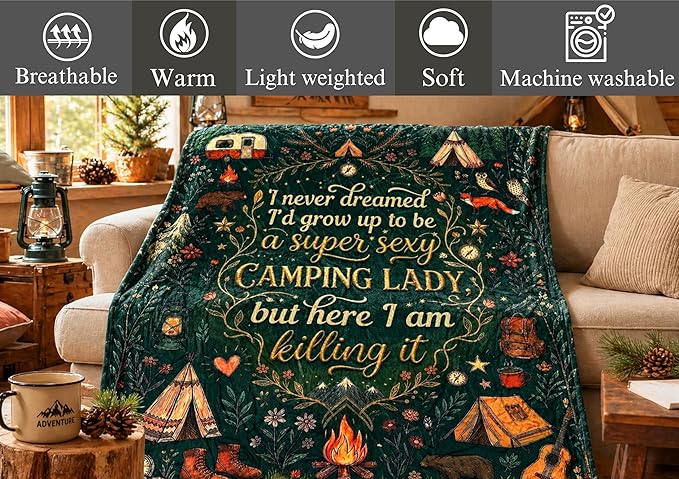 Camping Gifts for Women Men Lovers Throw Blanket, Happy Campers Decor Outdoor, RV Campsite Travel Hiking - Lady, 50" x 65"
