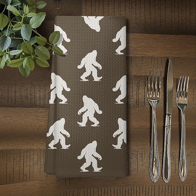 Abstract Retro Sasquatch Kitchen Towels, Sasquatch Gifts Dish Tea Towels for Kitchen Decor, Gifts for Hiking Camping Lovers Hand Towel for Bathroom Decor, 16x24 Inch, (Coffee Brown and White)