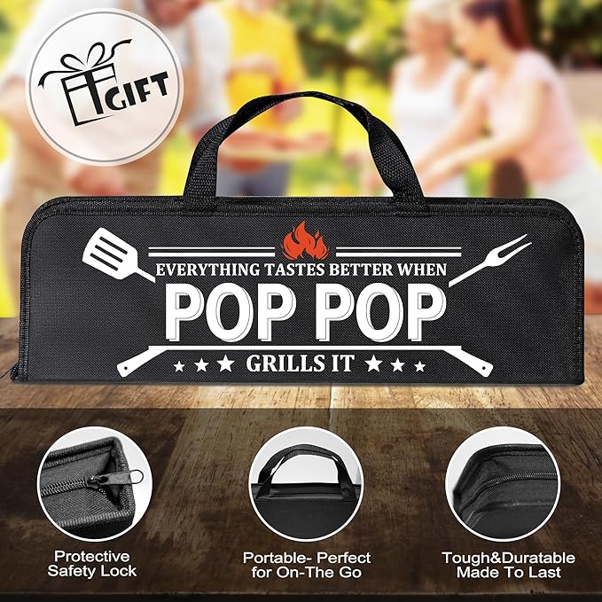 Pop Pop Gifts from Grandkids, Gifts for Poppop Grandparents Day, Grilling Accessories, Heavy Duty Stainless Steel Grill Set BBQ Grill Tools for Outdoor Grill with Aluminum Case, Grill Utensils Set