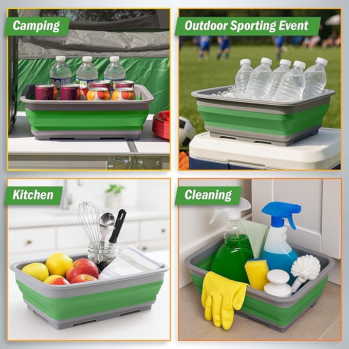 Collapsible Bucket for Cleaning - 7.27L Foldable Wash Bin Dish Tub - Collapsible Wash Basin or Camping Sink for Beach, Tailgating, or Soaking Laundry - Cleaning Supplies by Wakeman (Green)