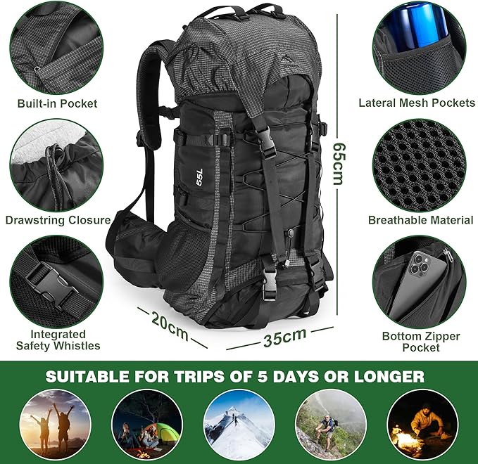 Premium Hiking Camping Backpack Set, Casual Style with Inflatable Sleeping Pad, Trekking Poles, Monocular, Water Filter Bottle & LED Headlamp - Adventure Essentials for Outdoor Explorers