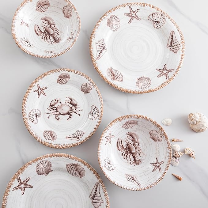 Melamine Dinnerware Sets, 12 Piece Rustic Oceanic Theme Outdoor Plates and Bowls Dinnerware Set for Patio, Farmhouse Coastal Dishes Dinnerware Set of 4, Great for Camper, RV, Multicolor
