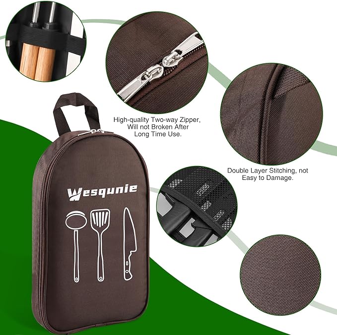 Wesqunie Camping Cooking Essentials Utensils Set - Camp Cookware Kitchen Accessories Kit, Camper Gear Must Haves, Stainless Steel & Silicone, RV Car Portable Outdoor Equipment Tool