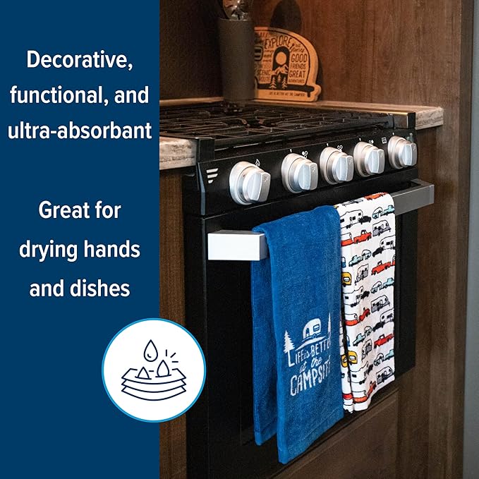 Camco Life is Better at The Campsite Camper/RV Dish Towel Set - Features a Camping/RV Themed Towel & a Navy Blue with White Logo Towel - Designed with 100% Cotton - 2-Pack (53301)