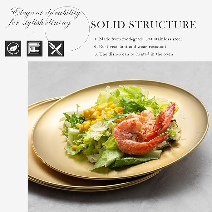 Stainless Steel Plates Metal 18/8 Round Dinner Plates - Set of 4 - Food-Grade Dishwasher Safe 9inch Salad Plates for Camping Kids Dining Outdoor (Black)