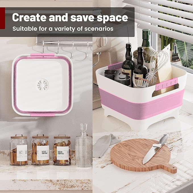 MontNorth 2.4 Gal Collapsbile Wash Basin with Drian Plug,9L Dish Pan for Soaking Baby Bottles,Portable Sink, Multiuse Foldable Bucket,Ice Beverage Tubs for Camping, Vegetable Washing, RV (Pink)