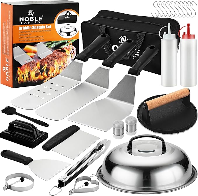N NOBLE FAMILY 27 PCS Griddle Accessories Kit, Flat Top Grill Accessories Set for Camping, Professional Griddle Spatula Set with Melting Dome, Burger Press for Outdoor BBQ Cooking