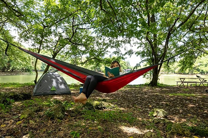 Durable Hammock 400 lb Capacity, Nylon Camping Hammock Chair - Double or Single Sizes w/Tree Straps and Attached Carry Bag - Portable for Travel/Backpacking/Beach/Backyard (Medium, Red & Dark Grey)