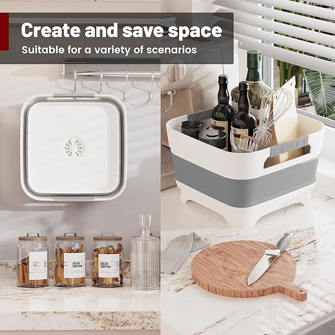MontNorth 2.4 Gal Collapsbile Wash Basin with Drian Plug,9L Dish Pan for Soaking Baby Bottles,Portable Sink, Multiuse Foldable Bucket,Ice Beverage Tubs for Camping, Vegetable Washing, RV (Gray)