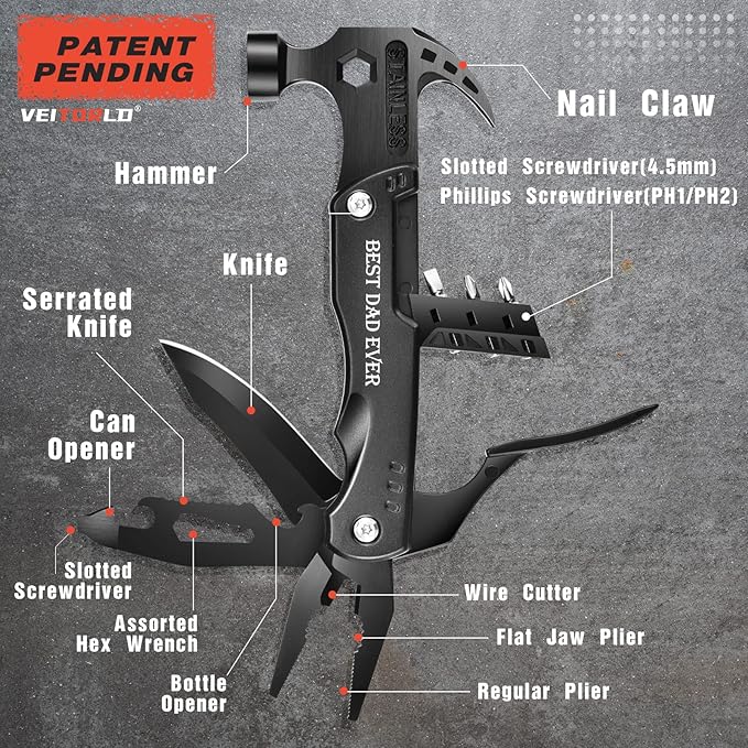 VEITORLD Gifts for Men Dad, Cool Fathers Day Birthday Gifts Ideas for Men Grandpa Papa from Daughter Wife Son, BEST DAD EVER Gift, All in One Survival Tools Hammer Multitool, Camping Hunting Presents