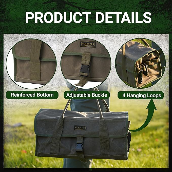 Camping Gear Bag, Camp Kitchen Organizer Buckle-closure Outdoor Cookware Tool Bag with 4 Hanging Holes & Dedicated Tent Stake Compartment, BBQ Accessories Soft Case Container, Army Green