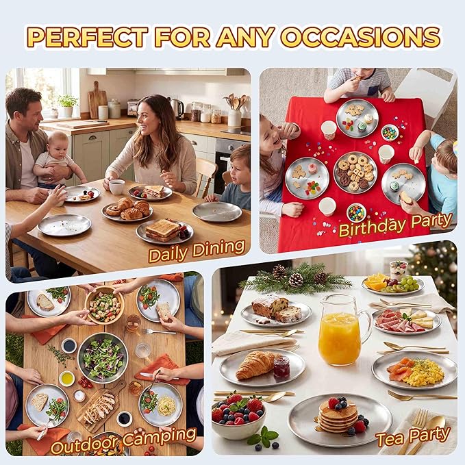Homikit Stainless Steel Kids Plates Set of 4, 8 Inch 304 Metal Dinner Plates for Kids Toddler Children, 4-Piece 18/8 Non Toxic Dinner Dishes Set for Serving Camping, Dishwasher Safe & Reusable
