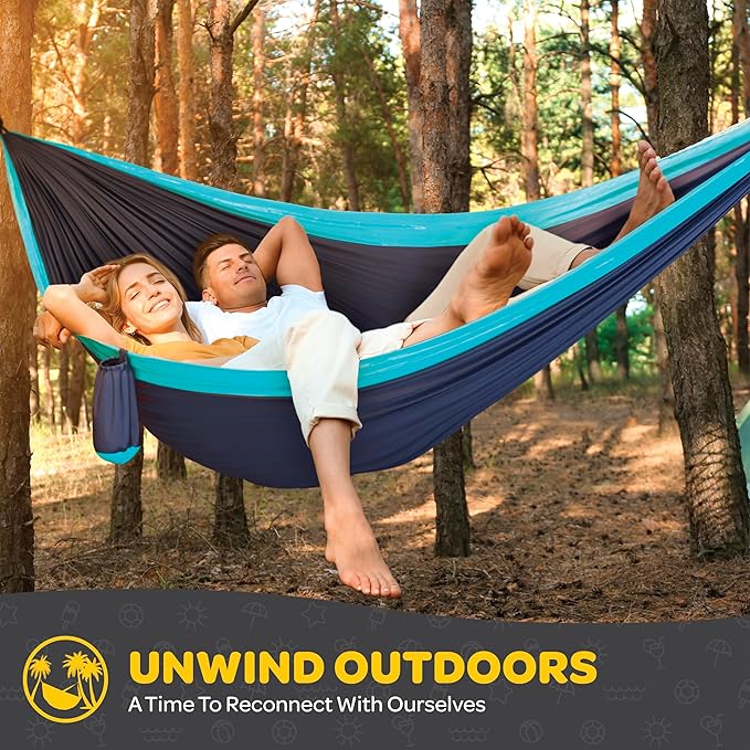 Durable Hammock 550 lb Capacity, Nylon Camping Hammock Chair - Double or Single Sizes w/Tree Straps and Attached Carry Bag - Portable for Travel/Backpacking/Beach/Backyard (X-Large, Blue & Light Blue)