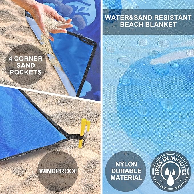 WIWIGO Beach Blanket Waterproof Sandproof Beach Mat 79" X 83"/10'x9'for 2-8 Adults Quick Drying Outdoor Picnic Mat Beach Accessories for Travel, Camping, Hiking