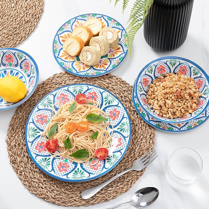 Melamine Dinnerware Sets, 12-Piece Dinner Dishes Set for 4, Durable & Non Breakable Plates Bowls Set, Shatterproof BPA-Free Dishware for Outdoor Dining,Picnic,Camping,RV–Paisley Design
