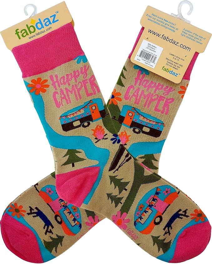 Fabdaz Happy Camper Camping Themed Women's Novelty Crew Socks - 1 Pair - 1 Size Fits Most
