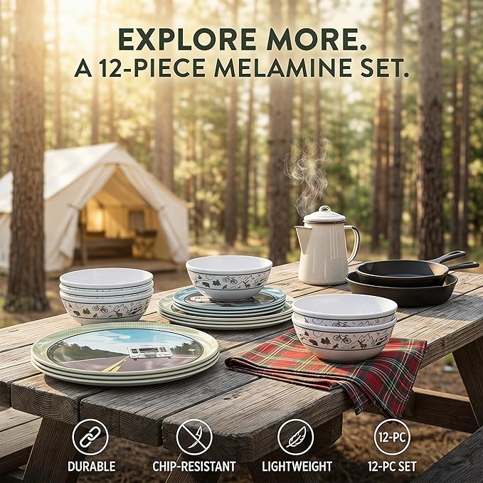 12-Piece Melamine Dinnerware Set, Lightweight Unbreakable Plates and Bowls Set, Outdoor Camping Dishes – Perfect for RV, Picnic, Backpacking, Patio,Getaways (Service for 4)