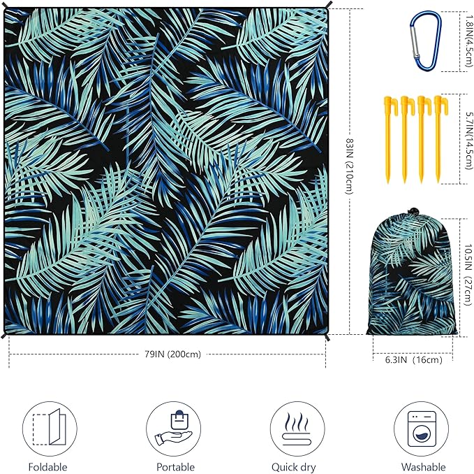 WIWIGO Beach Blanket Waterproof Sandproof Beach Mat 79" X 83"/10'x9'for 2-8 Adults Quick Drying Outdoor Picnic Mat Beach Accessories for Travel, Camping, Hiking