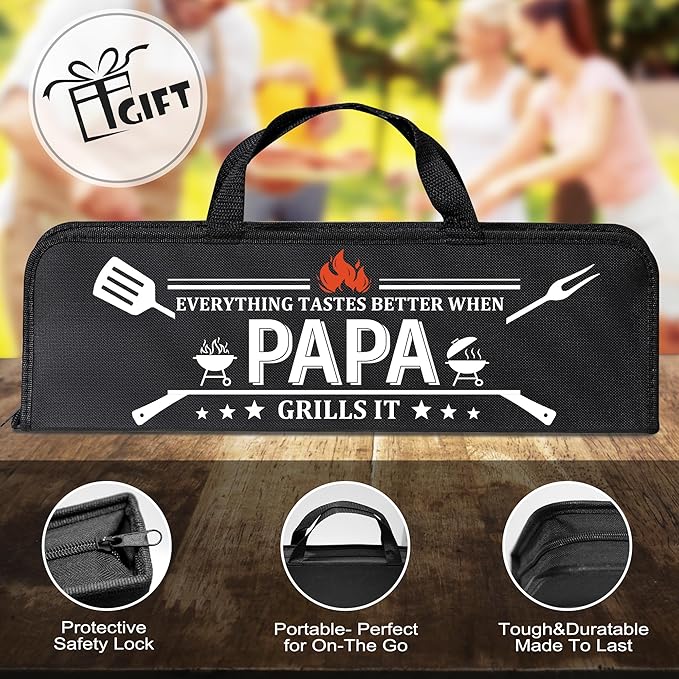 Papa Gifts from Grandkids, Gifts for Papa Christmas, Grilling Accessories, Heavy Duty Stainless Steel Grill Set BBQ Grill Tools for Outdoor Grill with Aluminum Case, Camping Grill Utensils Set