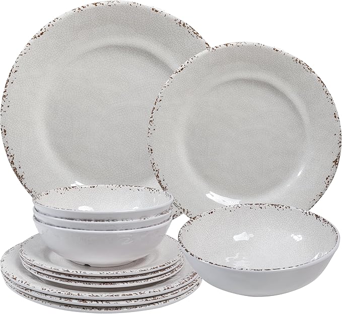 Farmhouse Melamine Dinnerware Sets,12 Pieces Dishes Dinnerware Set,Service for 4 Lightweight Kitchen Plates and Bowls Sets, Great for Casual dining and Outdoor Parties Camping or RVs, White