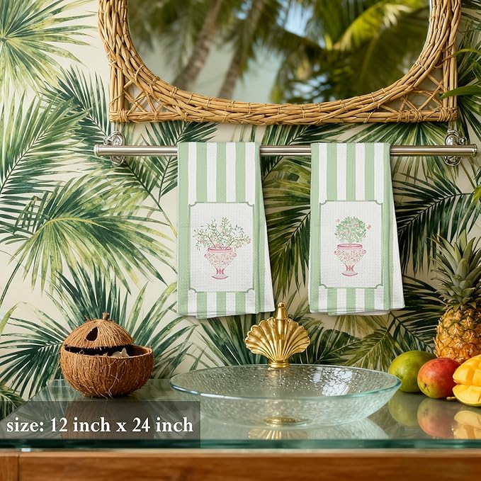 Pink Peach Hand Towels for Kitchen Bathroom 16x24 Set of 2，Chinoiserie Peach Tree Decorative Dish Tea Towels for Kitchen, Green Stripes Porcelain Tree Hand Towel for Bathroom