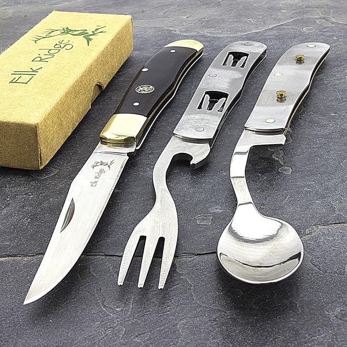 BestSeller989 7.25" ELK Ridge Wood HOBO Folding Knife w/Fork & Spoon Utensil Tool Camping
