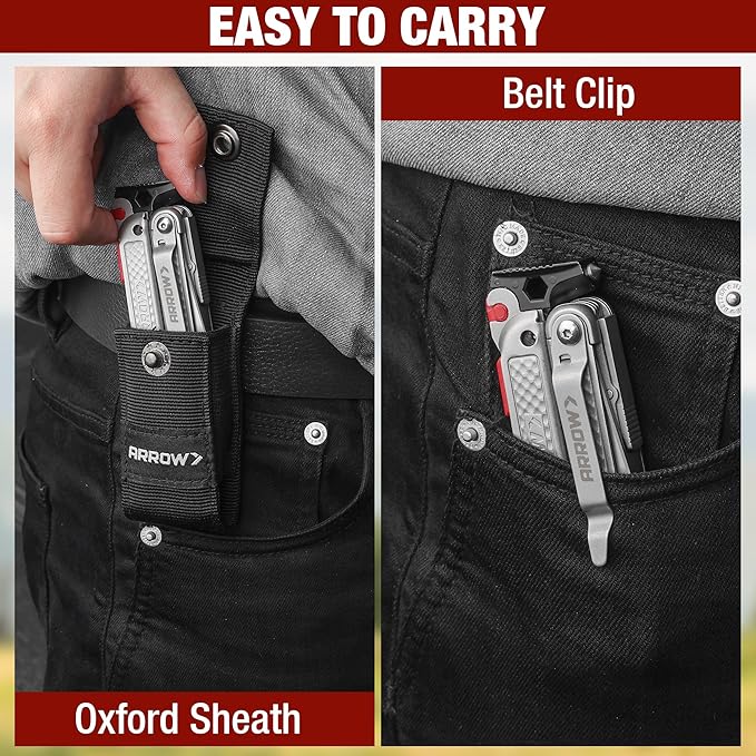ARROW 20-In-1 Multitool, Stainless Steel Multitool Pliers with Fire Starter, Window Breaker, Whistle, EDC Multi Tool with Sheath and Pocket Clip for Outdoor, Survival, Camping, Hiking
