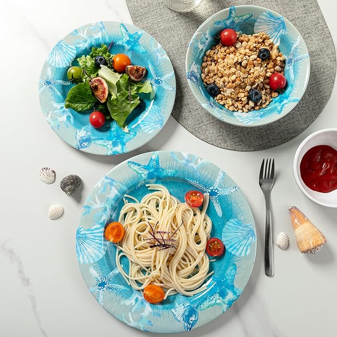 12 PCS Melamine Dinnerware set, Unbreakable Coastal Plates and Bowls Set, Lightweight Chip Resistant Oceanic Dishes Set, Service for 4, Great for Camper, RV, Indoors Outdoors Use