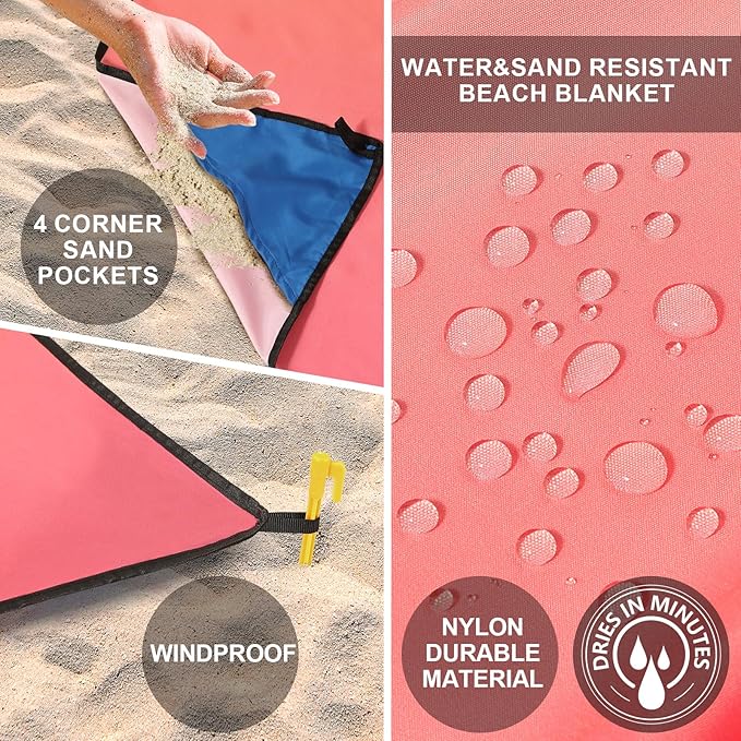 WIWIGO Beach Blanket Waterproof Sandproof Beach Mat 79" X 83"/10'x9'for 2-8 Adults Quick Drying Outdoor Picnic Mat Beach Accessories for Travel, Camping, Hiking
