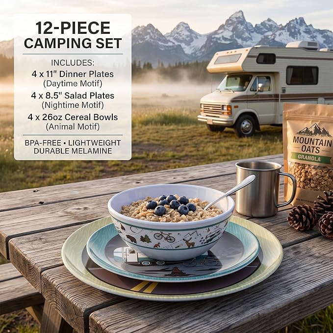 12-Piece Melamine Dinnerware Set, Lightweight Unbreakable Plates and Bowls Set, Outdoor Camping Dishes – Perfect for RV, Picnic, Backpacking, Patio,Getaways (Service for 4)
