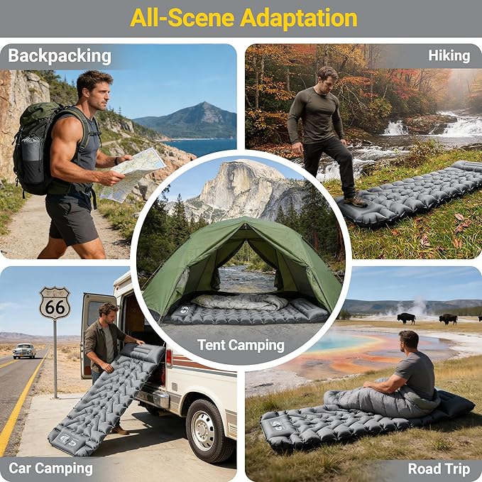 Sleeping Pad for Camping, Backpacking Sleeping Mat with Built-in Pillow and Foot Pump, 4in Thick Compact Camping Air Mattress for Hiking Tent Road Trip Car Camp Travel Gear