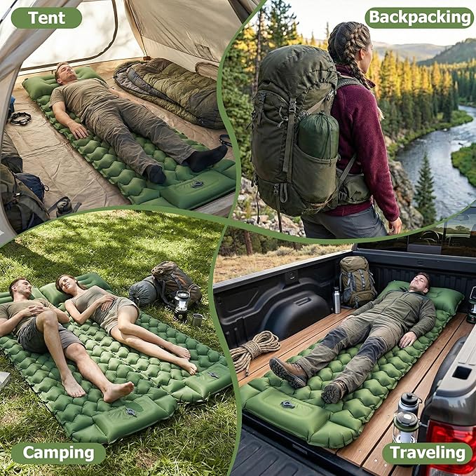 Camping Sleeping Pad, Extra-Thick Camping Mattress with Pillow, Built-in Foot Pump 3.56" Ultralight Inflatable Sleeping Pads for Camping Hiking Backpacking Traveling Tent, Green, Single