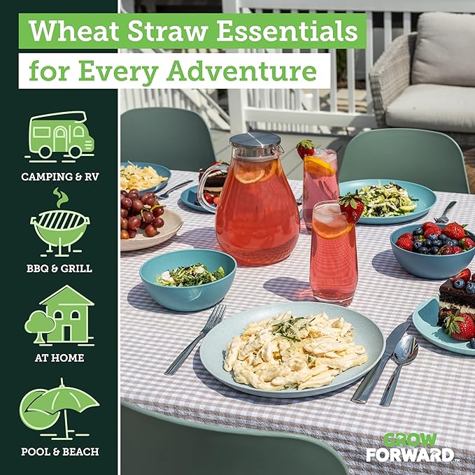Grow Forward 24-piece Premium Wheat Straw Dinnerware Sets for 8 - Unbreakable Dishwasher & Microwave Safe Plastic Plates and Bowls Sets - Patio, Outdoors, RV, Camping Dishes - Seascape