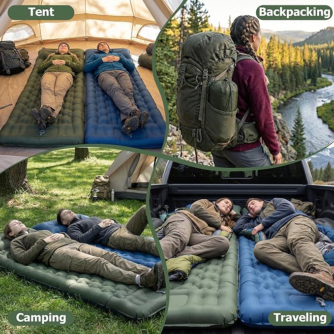 Camping Sleeping Pad, 4.7" Extra-Thick Camping Mattress with Pillow, Built-in Foot Pump Ultralight Inflatable Sleeping Pads for Camping Hiking Backpacking Traveling Tent, Military Green, Single