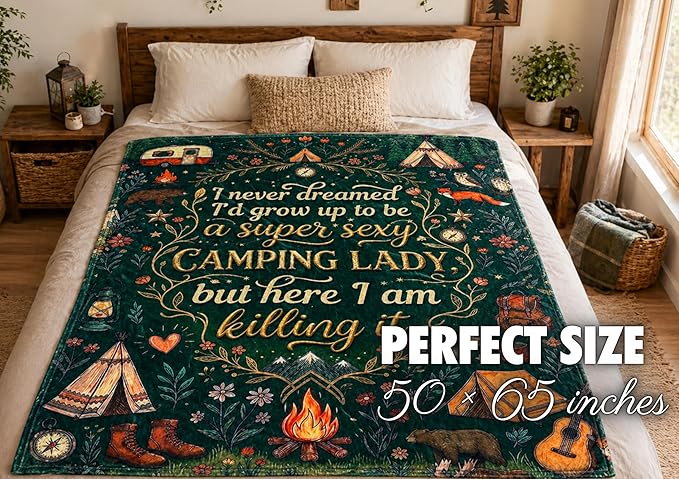 Camping Gifts for Women Men Lovers Throw Blanket, Happy Campers Decor Outdoor, RV Campsite Travel Hiking - Lady, 50" x 65"