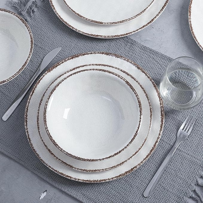 LEHAHA Farmhouse White Melamine Plates and Bowls Set, White dishes Rustic Farmhouse Dinnerware Set, Lightweight Melamine Dishes Set for 4, Perfect for RV, Camper, Dishwasher Safe