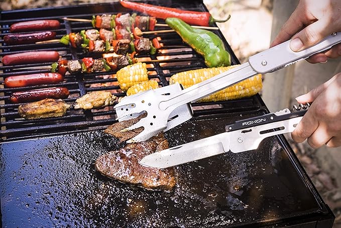 ROXON S601 14" 6 in 1 MBT3 Folding Grill Utensils Set Fork Spatula Grilling Knife Tongs Opener for Backyard Barbecue and Camping