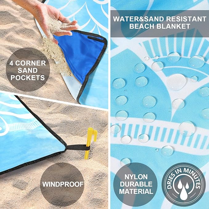 WIWIGO Beach Blanket Waterproof Sandproof Beach Mat 79" X 83"/10'x9'for 2-8 Adults Quick Drying Outdoor Picnic Mat Beach Accessories for Travel, Camping, Hiking