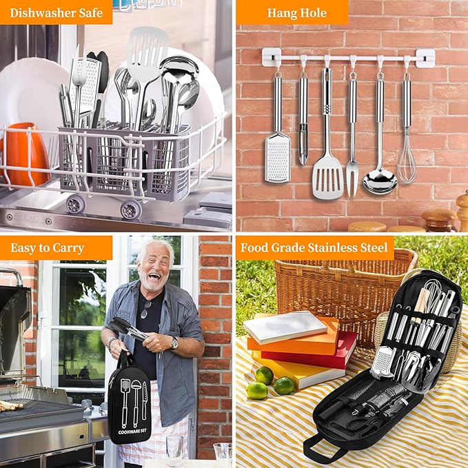 Camping Cooking Utensils Set, Stainless Steel Grill Tools, Camping BBQ Cookware Gear and Equipment for Travel Tenting RV Van Picnic Portable Kitchen Essentials Accessories