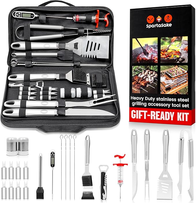 SpartaSake (24-Pack) Premium Stainless Steel BBQ Grilling Accessories with Steel Handles - Barbecue Gill Accessories Set for Blackstone Griddle - Outdoor Camping Grill Set for BBQ for Dad Men Women