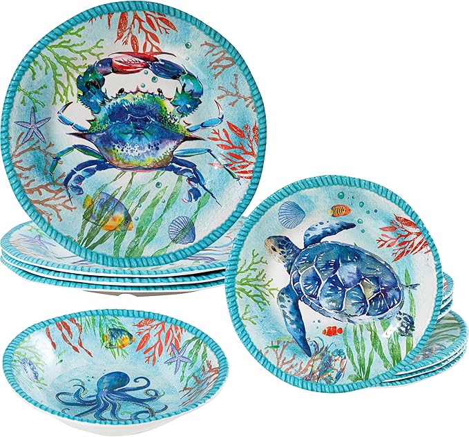 Coastal Dinnerware Sets, Ocean Theme Unbreakable Kitchen Plates and Bowls Set, Coastal Dishes Lightweight Dinnerware Set, RV and Camping dishes set for 4, Dishwasher Safe