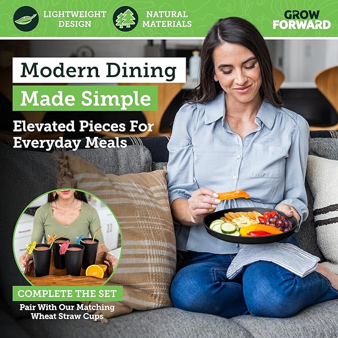 Grow Forward Premium Wheat Straw Plates - 10 Inch Reusable Hard Plastic Dinner Plates Set of 8 - Unbreakable Microwave Safe Plates for Dessert, Camping, RV, Outdoors, Patio, Kitchen Dishes - Midnight