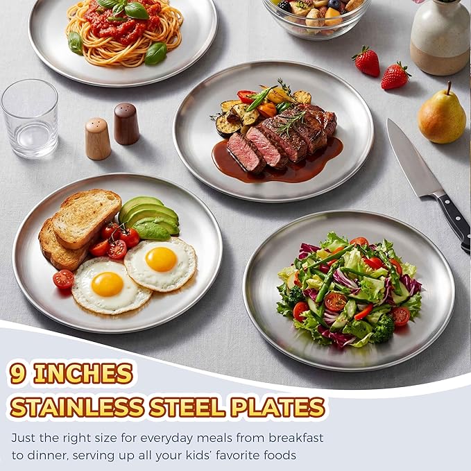 Homikit 6 Pack Stainless Steel Plates, Metal Kids Toddler Dinner Plate Set Non Toxic, 9 Inch Round Camping Plates for Serving Dishes Dessert Salad, Unbreakable & Reusable, Dishwasher Safe