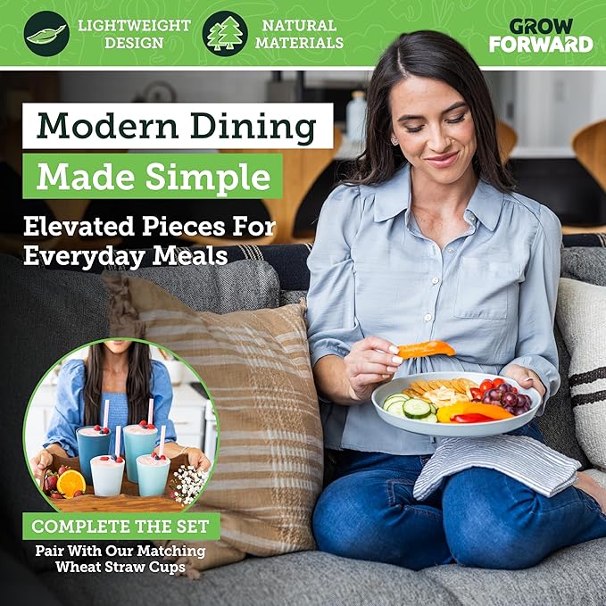 Grow Forward Premium Wheat Straw Plates - 10 Inch Reusable Hard Plastic Dinner Plates Set of 8 - Unbreakable Microwave Safe Plates for Dessert, Camping, RV, Outdoors, Patio, Kitchen Dishes - Seascape
